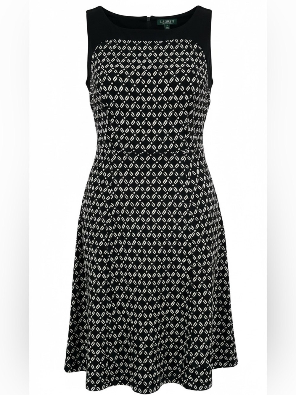 Lauren Ralph Lauren Black White Geometric Fit Flare Dress Old Money Size 16 EUC